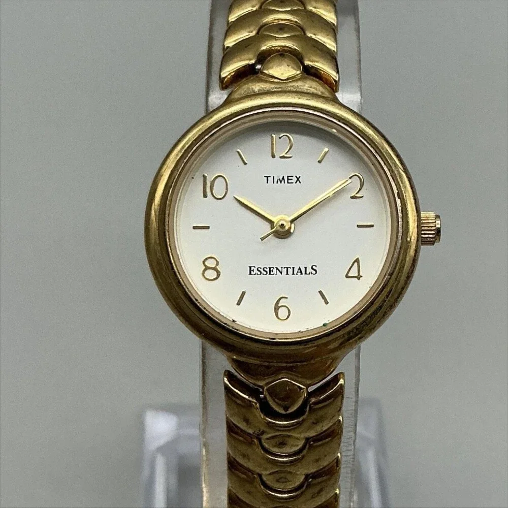Timex Essentials Womens Watch 24mm Gold Tone Round Bracelet New Battery 7.5